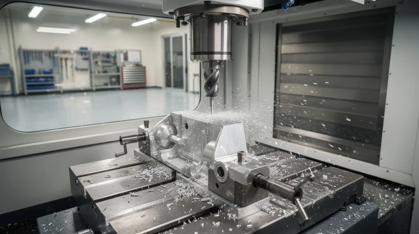 A five-axis CNC milling machine is actively cutting an aluminum aerospace bracket on a clean factory floor, showcasing advanced CNC technology and precision machining capabilities. This scene highlights the modern manufacturing processes utilized by CNC machining companies to produce high-quality parts for various industries.