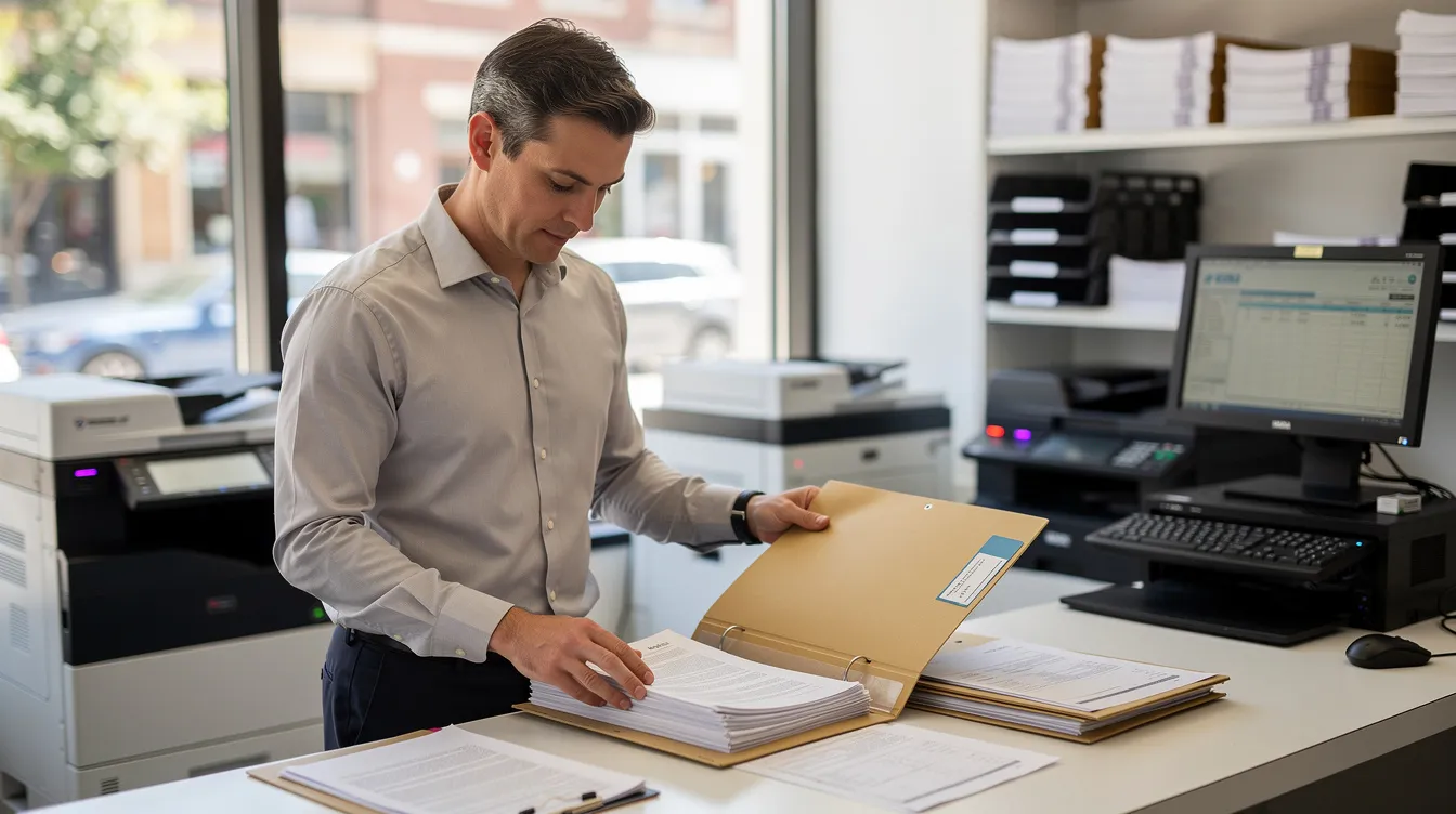 c4743144 0c6d 422c a1af 4afd099e55e2 A small business owner is seen organizing various papers, including bank statements and loan application documents, into a file folder at a copy shop. This scene highlights the importance of proper documentation, such as income proof and identity verification, in the process of securing a mudra loan for business growth.