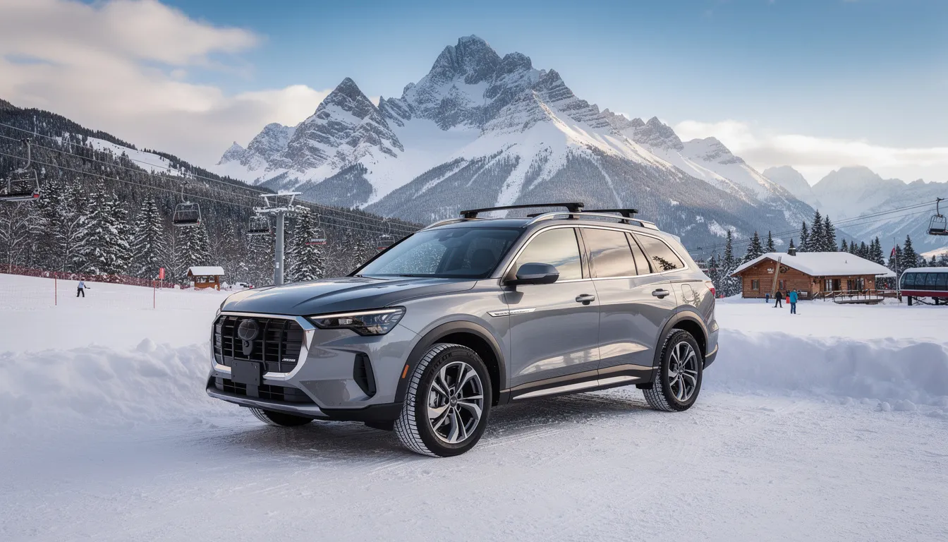 A full-size SUV, such as a Ford Expedition or Chevrolet Tahoe, is parked at a ski resort, surrounded by majestic snow-covered mountains. This spacious vehicle, perfect for family vacations or winter adventures, offers ample cargo space and comfortable seating for group trips.