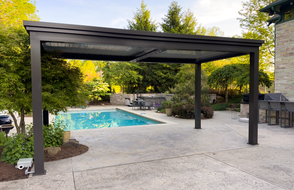Swimming pool space in yard with modern style pergola to provide shade.
