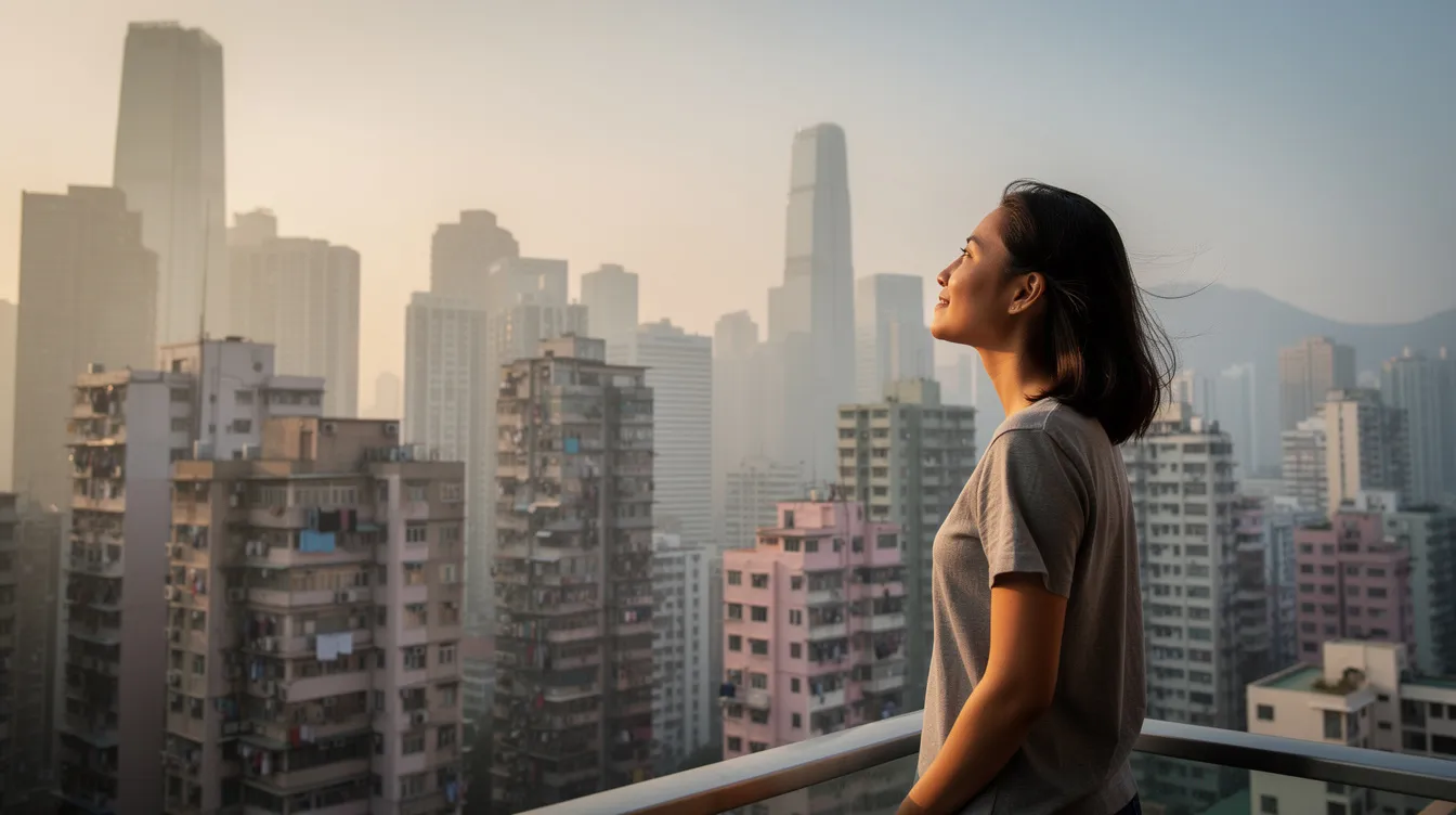 A hopeful individual stands in front of a vibrant Hong Kong cityscape, filled with towering residential buildings, gazing towards the horizon. The scene captures a moment of optimism amidst the complexities of urban life, reflecting themes of financial resilience and the potential for debt restructuring in the face of challenges.