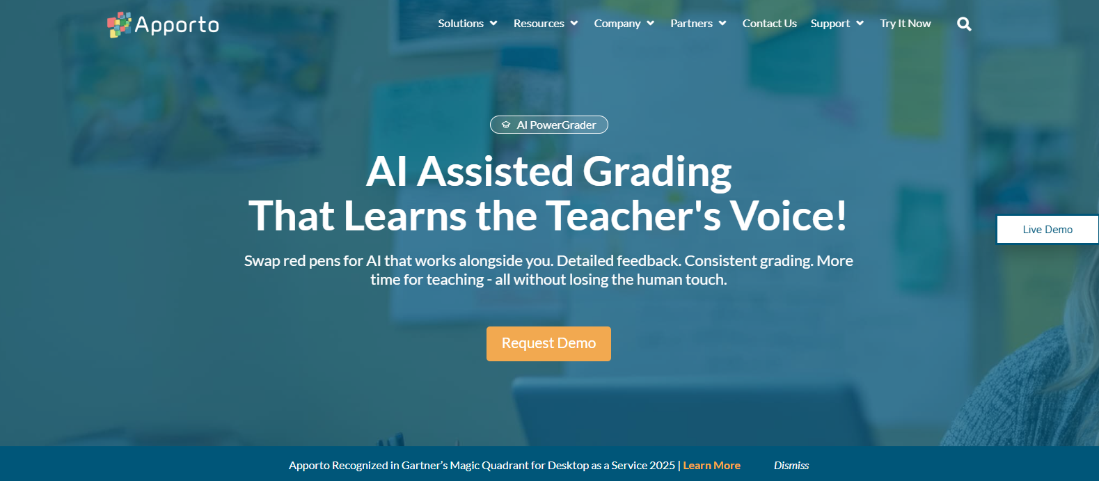 Apporto AI PowerGrader homepage showcasing AI-assisted grading software that delivers personalized feedback and consistent rubric-based assessment for educators.