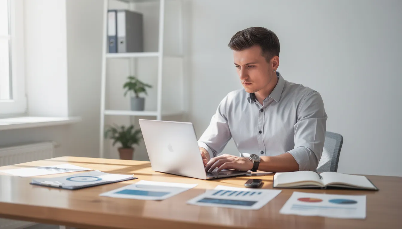 Młody przedsiębiorca pracuje przy biurku, korzystając z laptopa oraz przeglądając dokumenty dotyczące faktoringu dla nowych firm. W tle widać notatki i akcesoria biurowe, co sugeruje jego zaangażowanie w utrzymanie płynności finansowej i rozwój działalności gospodarczej.