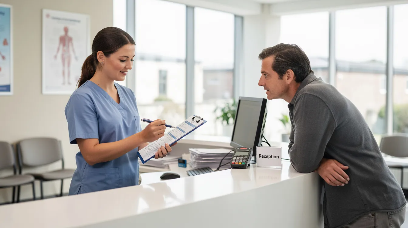 A healthcare professional is seated at a reception desk, attentively explaining dental insurance documents to a patient, ensuring clarity about the dental billing process and covered dental services. This interaction highlights the importance of patient communication and understanding insurance requirements in a dental practice.