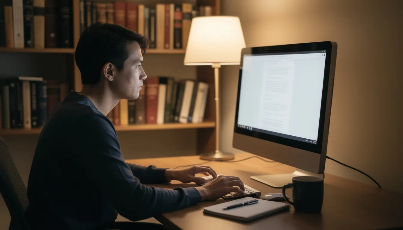 A focused individual is seated at a computer in a serene study space, preparing for the Australian citizenship practice test. The environment suggests a commitment to understanding Australian values and history, essential for passing the citizenship test.