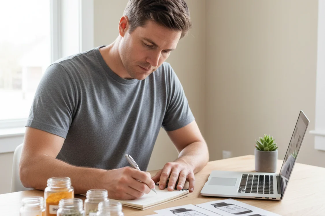 Man working on notes and supplement packaging mockups.