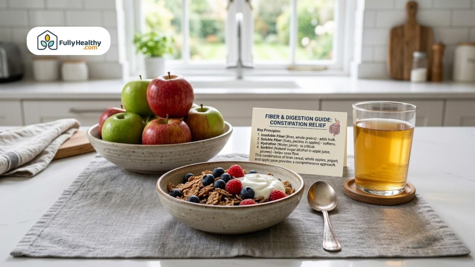 Fiber-rich breakfast with apples, granola, yogurt, and digestion guide card