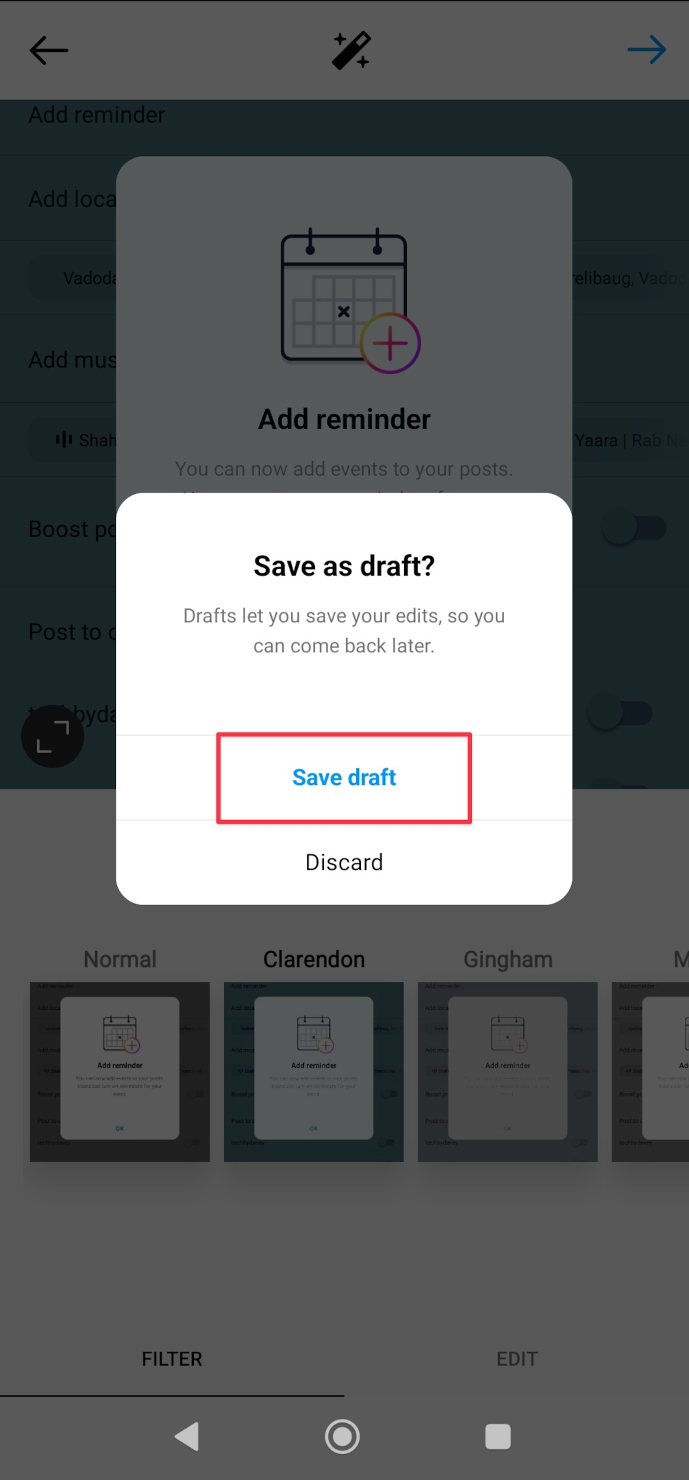 Remote.tools shows how to save a post as draft on Instagram for Android app