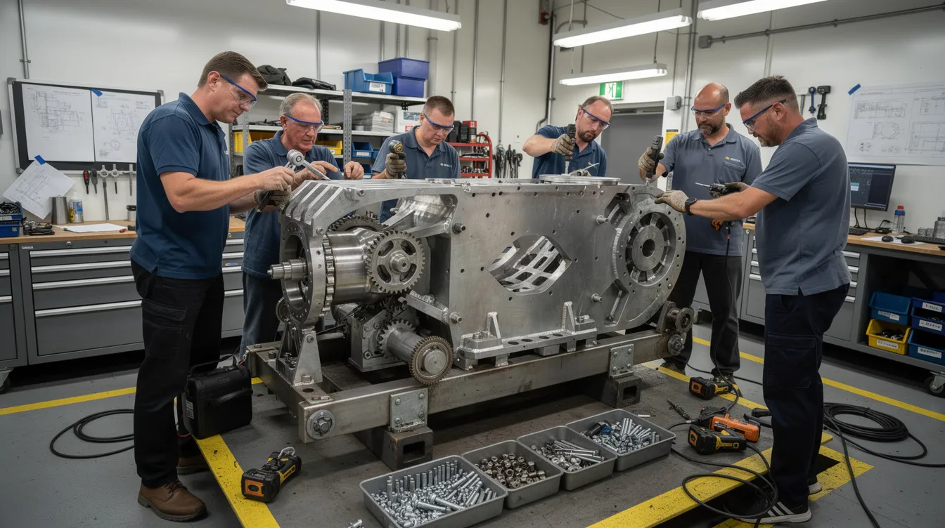 A group of engineers is assembling mechanical components onto a prototype machine frame in a workshop, showcasing the process of prototype development. The scene highlights the use of various materials and tools as they collaborate on creating a functional prototype designed for future mass production.