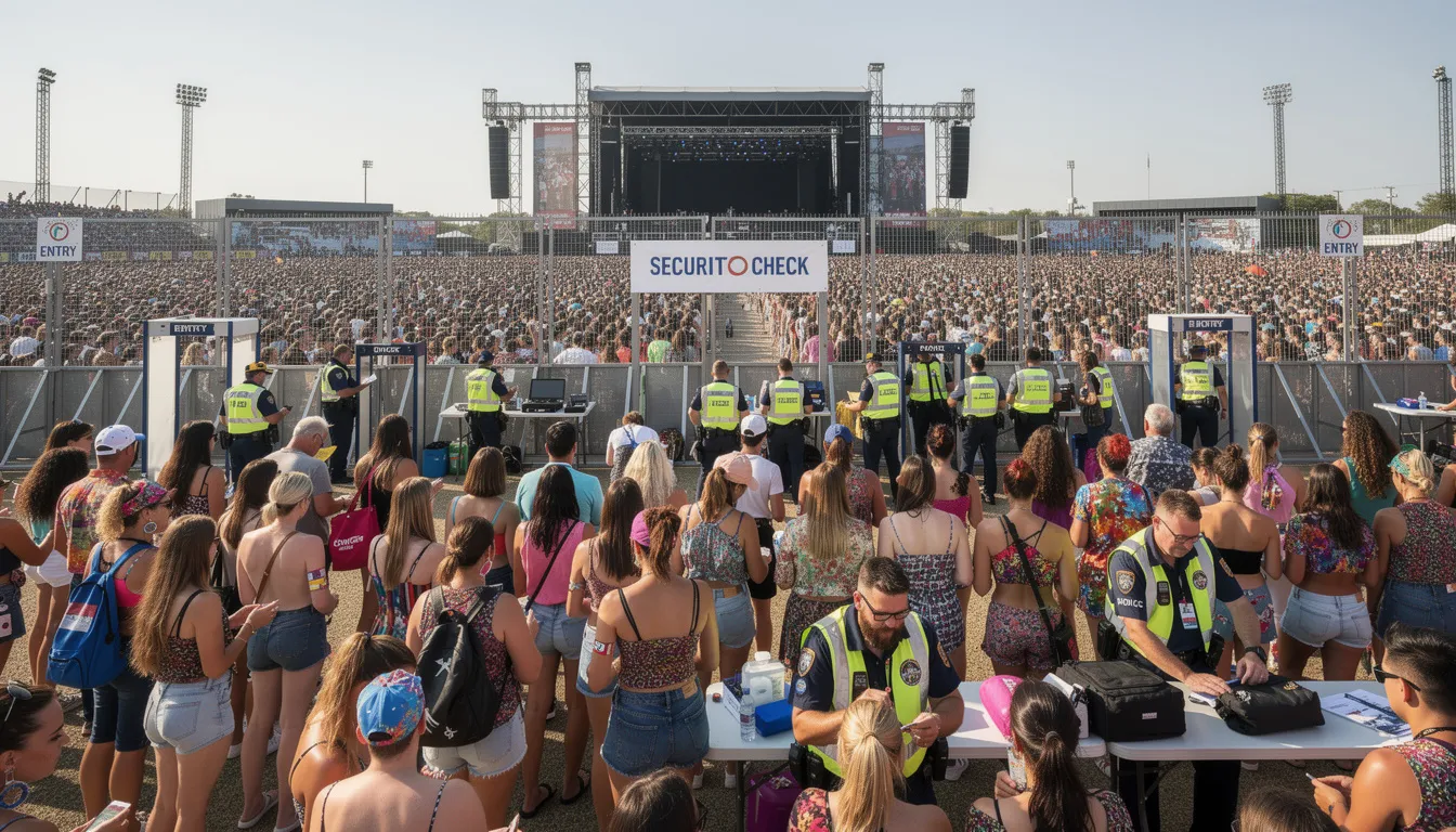 An expansive crowd gathers at a large outdoor concert, with professional security personnel stationed at the entry gates to ensure safety and manage access control. The presence of these trained security officers reflects the event organizers' commitment to providing a positive guest experience and effective crowd management services.