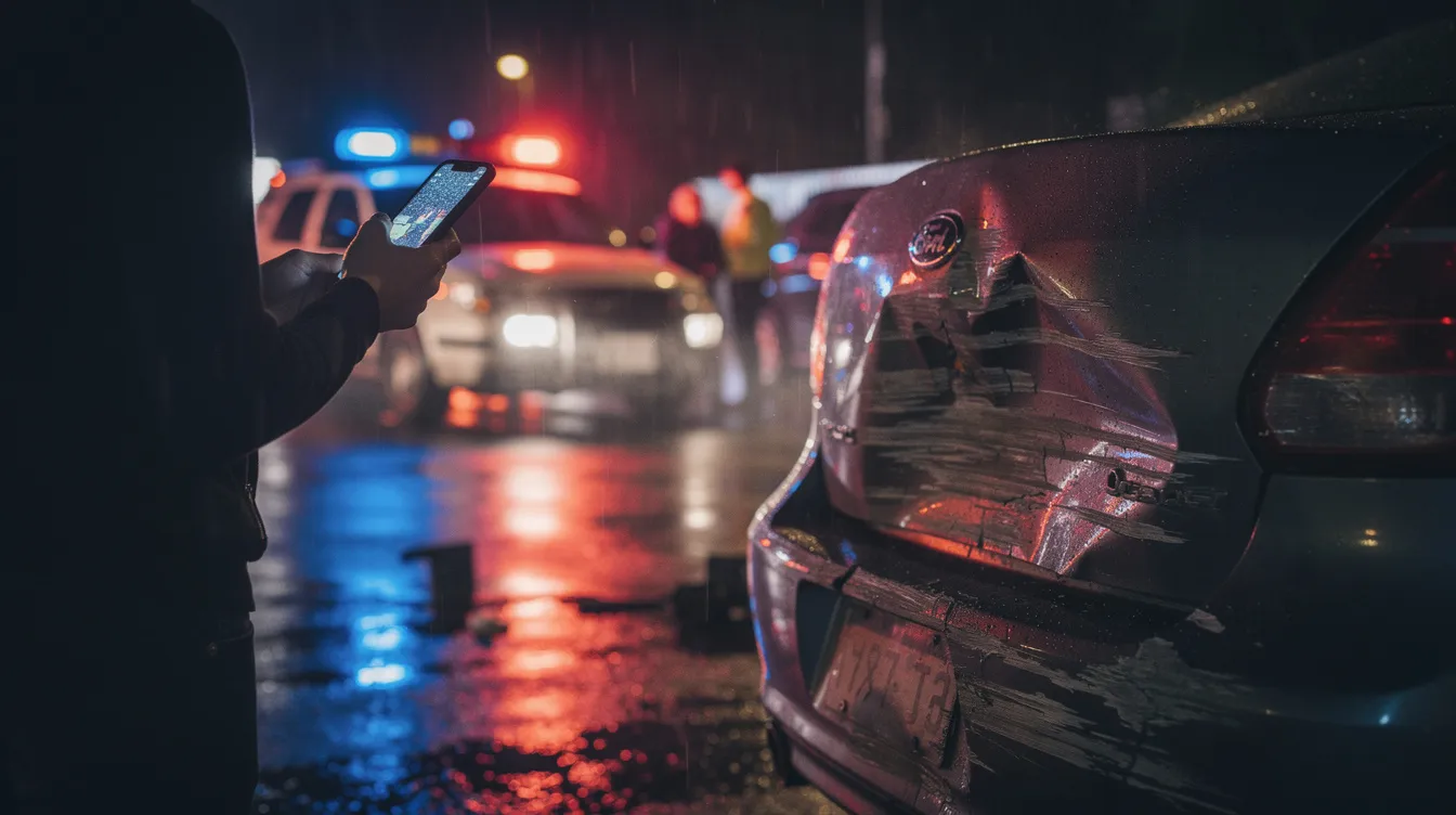 A person is photographing the damage to a vehicle at an accident scene, with emergency lights flashing in the background. This image highlights the serious nature of car accidents and the importance of seeking legal representation from experienced personal injury attorneys in Colorado Springs for those affected by personal injury claims.