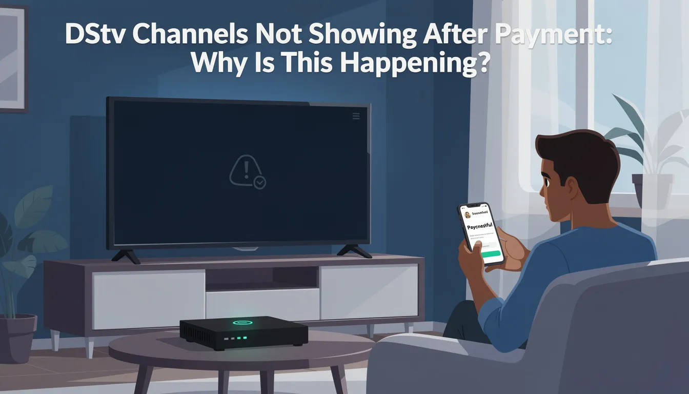 The image depicts a frustrated person sitting in front of a TV screen that displays an error message indicating that DStv channels are not showing after payment. The individual is holding a remote control, looking confused, while a satellite dish is visible in the background, suggesting a potential issue with their DStv subscription or signal.
