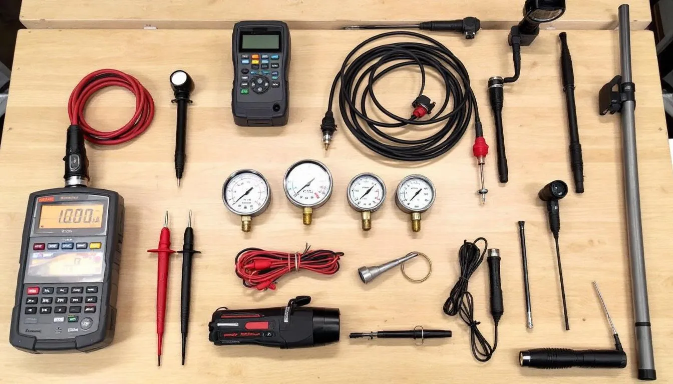 The image shows a variety of RV diagnostic tools, including a multimeter, pressure gauges, and inspection equipment, neatly arranged on a workbench, ready for use by certified technicians to address RV issues and perform maintenance. This setup reflects the professional expertise and care necessary for keeping RVs in optimal condition for the RV lifestyle.