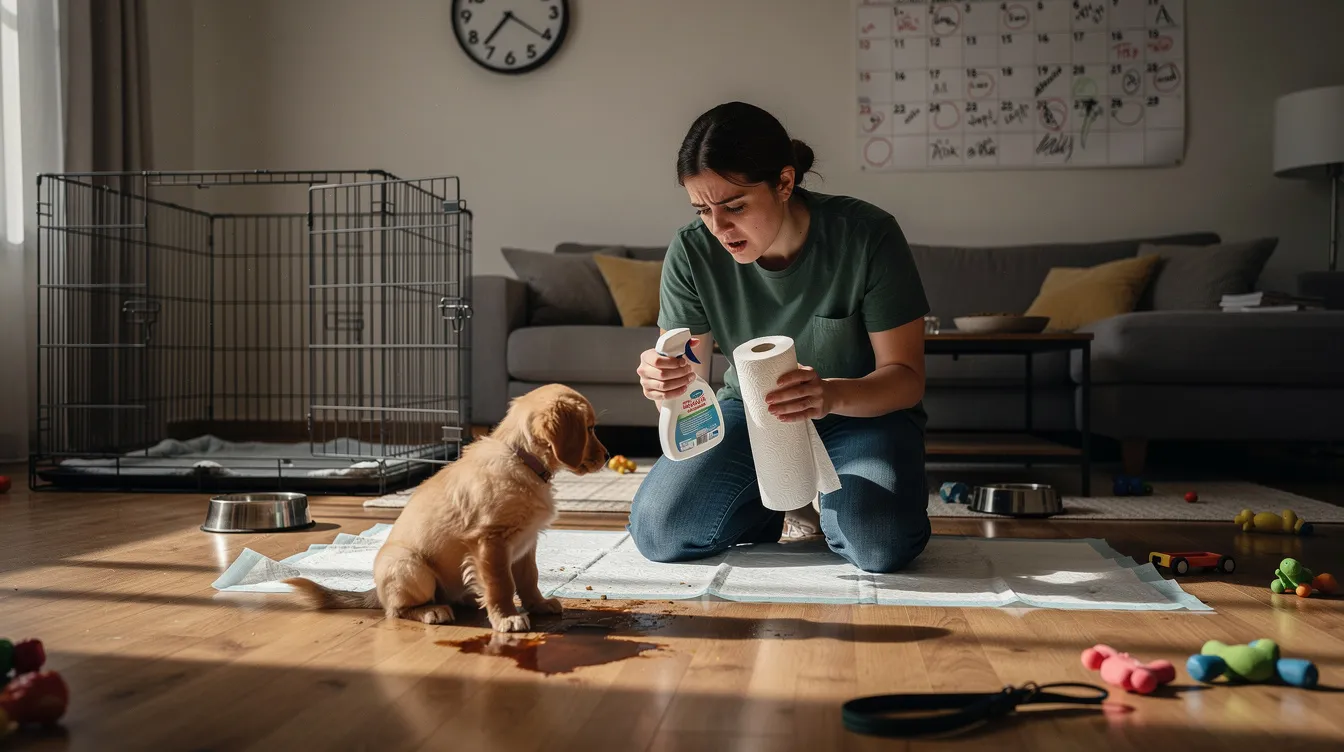 The image depicts a young puppy sitting on a designated potty spot in a home, with a dog owner nearby, illustrating the common challenges faced during potty training, such as occasional accidents and the need for supervision. The scene emphasizes the importance of establishing a routine and positive reinforcement in the puppy potty training timeline.
