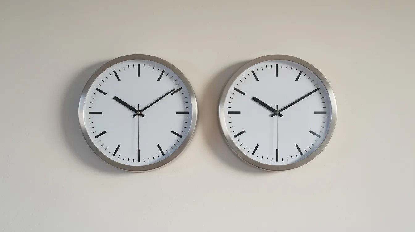 The image features two analog wall clocks mounted on a light-colored wall, with one clock indicating 3:01 PM, representing local time in Paris, France, and the other showing 6:01 PM, which reflects Pakistan time. This visual emphasizes the time difference, as Paris is 3 hours behind Pakistan, making it relevant for scheduling conference calls across these time zones.