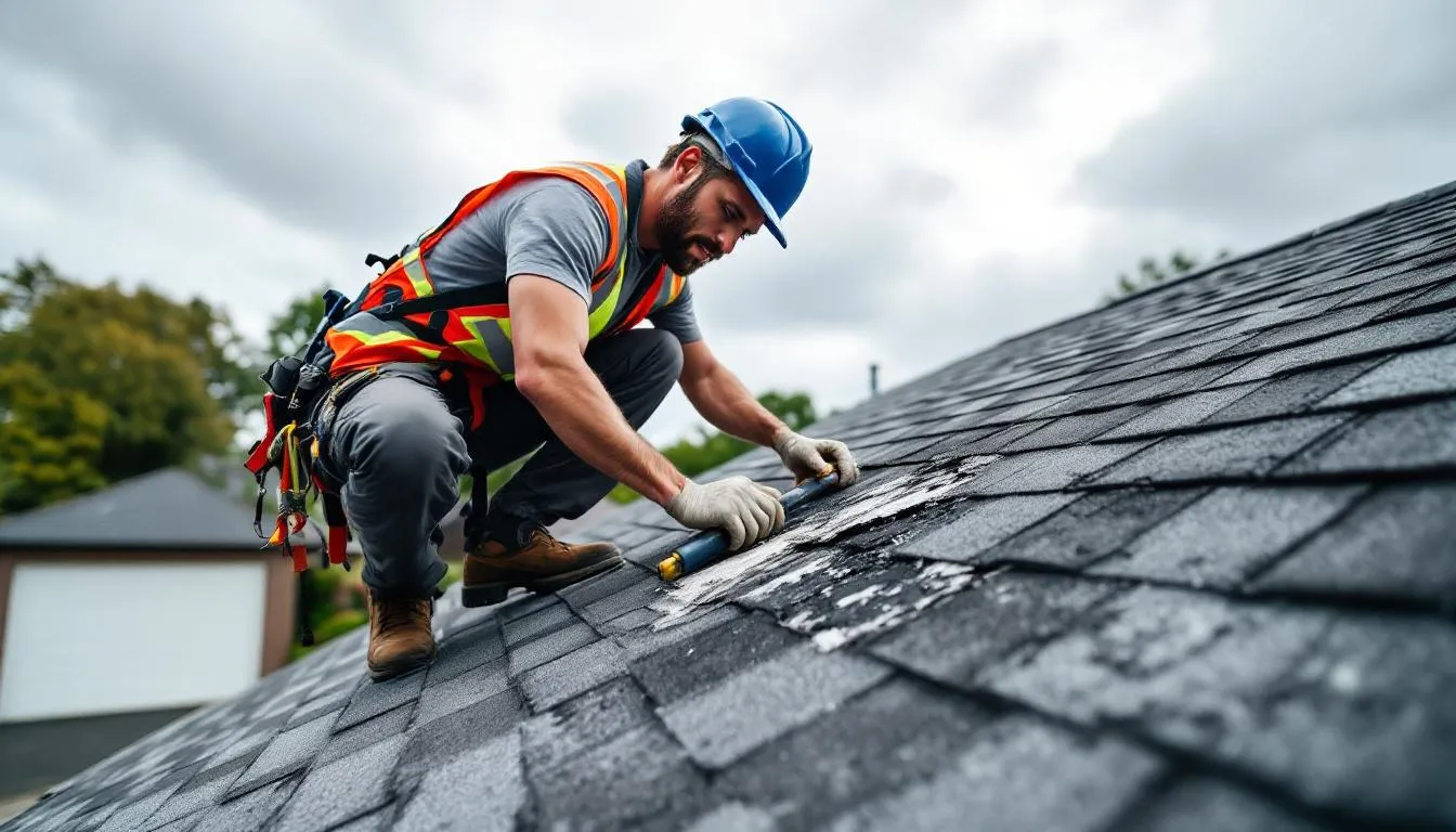 A professional roofer in safety gear is inspecting damaged shingles on a sloped roof, looking for signs of roof leaks and missing or damaged shingles. The roofer is carefully examining the roof's exterior for any obvious damage that could lead to further issues like water stains or mold growth.