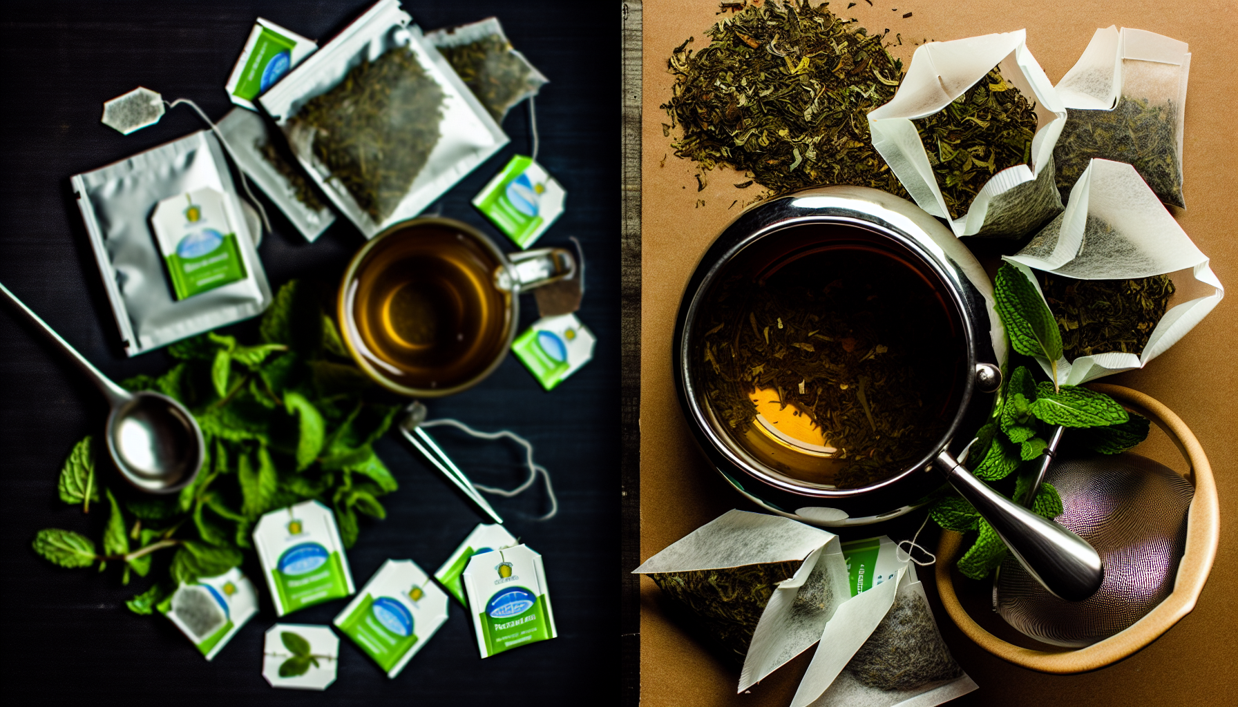 Comparison of loose leaf peppermint tea and tea bags with brewing equipment