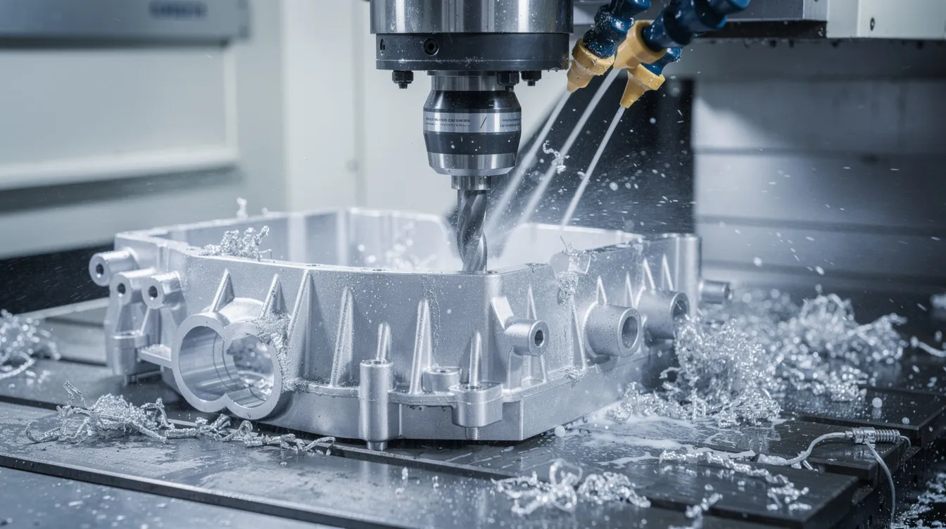 The image shows a close-up view of a multi-axis CNC machining center actively cutting an aluminum die cast housing, with coolant visibly spraying to manage heat during the die casting process. This scene highlights the precision machining involved in the aluminum die casting industry, showcasing advanced technology in action.