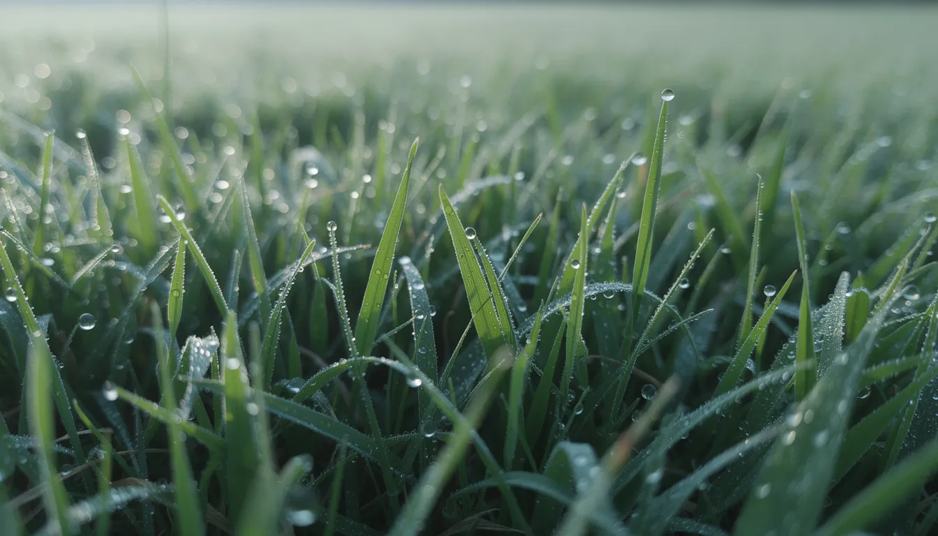 The image features a close-up view of a healthy green lawn, showcasing dark green grass blades adorned with glistening dew drops. This lush green colour highlights the vitality of the grass, indicating proper care and maintenance for a greener lawn.