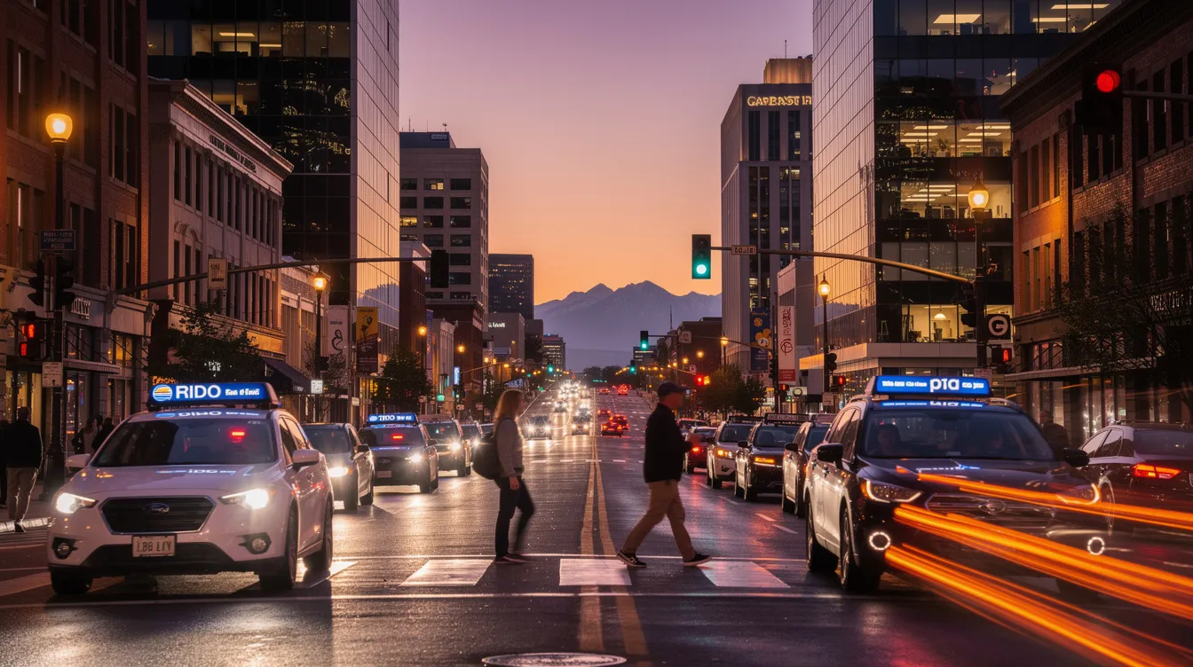 The image depicts a busy Denver street at dusk, illuminated by city lights, with various rideshare vehicles like Uber and Lyft actively navigating through traffic. The scene captures the vibrant atmosphere of the city, highlighting the presence of rideshare drivers and the potential for rideshare accidents in this bustling environment.