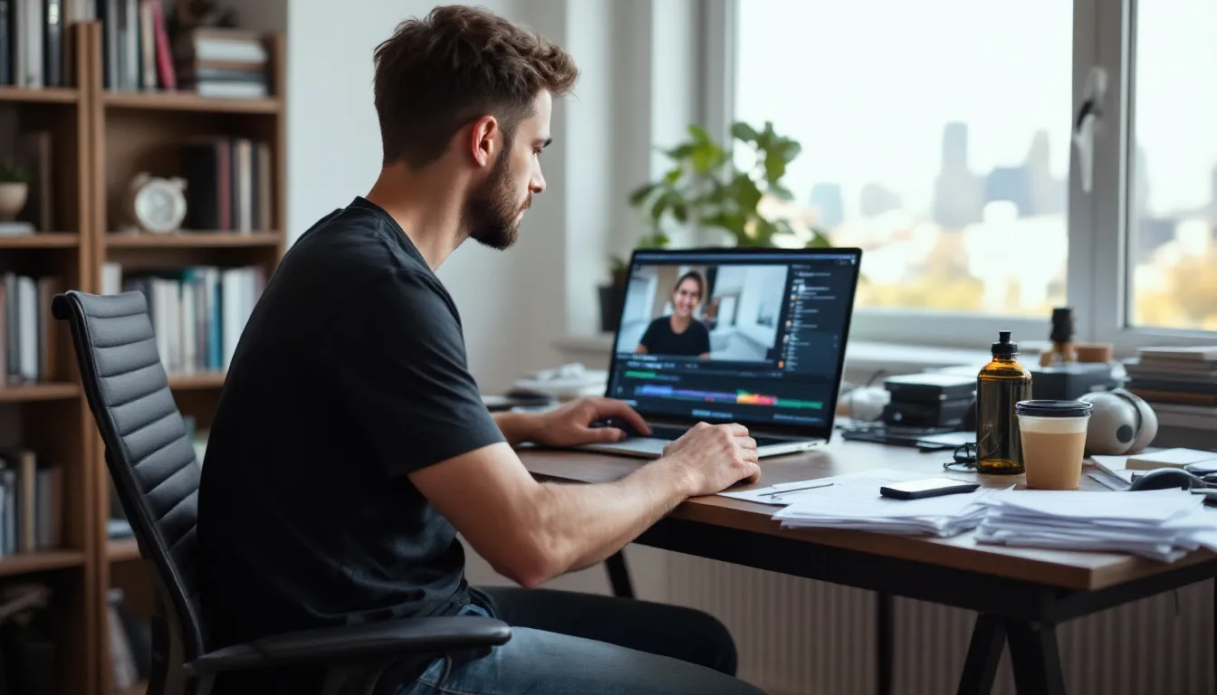 In the image, a person is using a free online video editor on their laptop, surrounded by colorful video templates and engaging footage. They appear focused as they edit videos, adding sound effects and captions to create stunning educational videos for their YouTube channel.