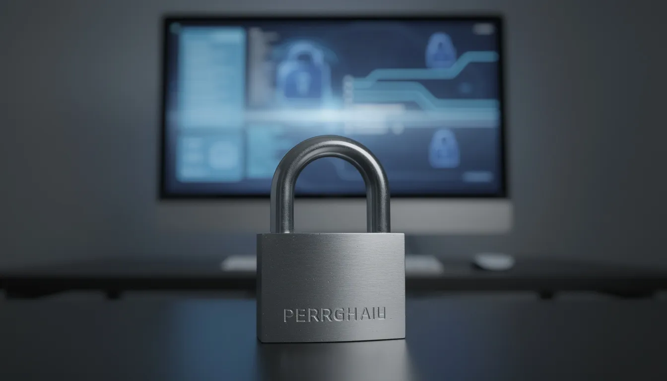 En bild av ett hänglås som symboliserar säkerhet står framför en datorskärm, vilket antyder vikten av trygghet när man spelar på online casino. Hänglåset representerar skyddet för användarnas skrill-konton och deras transaktioner.
