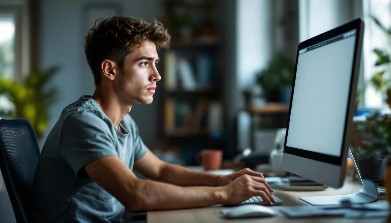 Un chico se encuentra sentado frente a la pantalla de su ordenador, mostrando una expresión de indecisión mientras evalúa diferentes opciones para clases online de idiomas. A su alrededor, hay elementos que sugieren un ambiente de estudio, como libros y una libreta, lo que resalta su interés en la enseñanza y el aprendizaje.