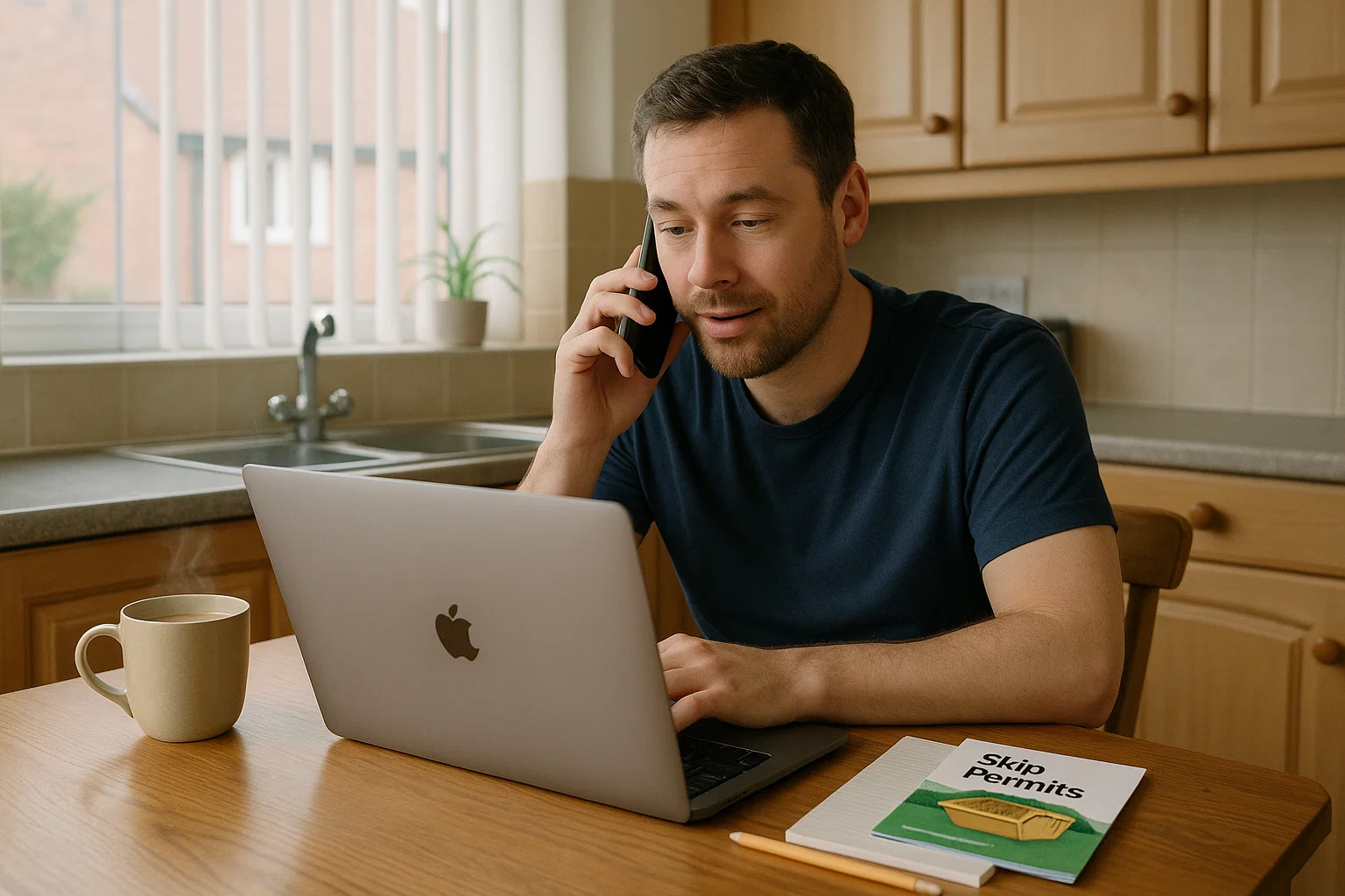 Man sat at his living room table working from his laptop on the phone to book a skip permit