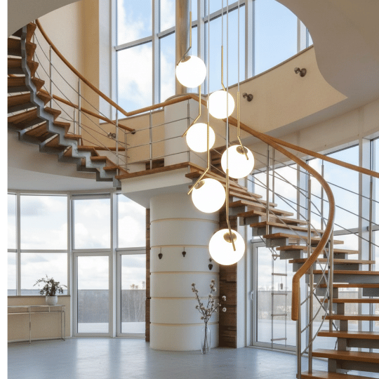 A cascading cluster chandelier with glowing orb lights hangs beside a sweeping curved staircase, creating a dramatic focal point in the open space. The large windows and natural light enhance the fixture’s warm glow, offering an elegant example of small staircase lighting ideas.