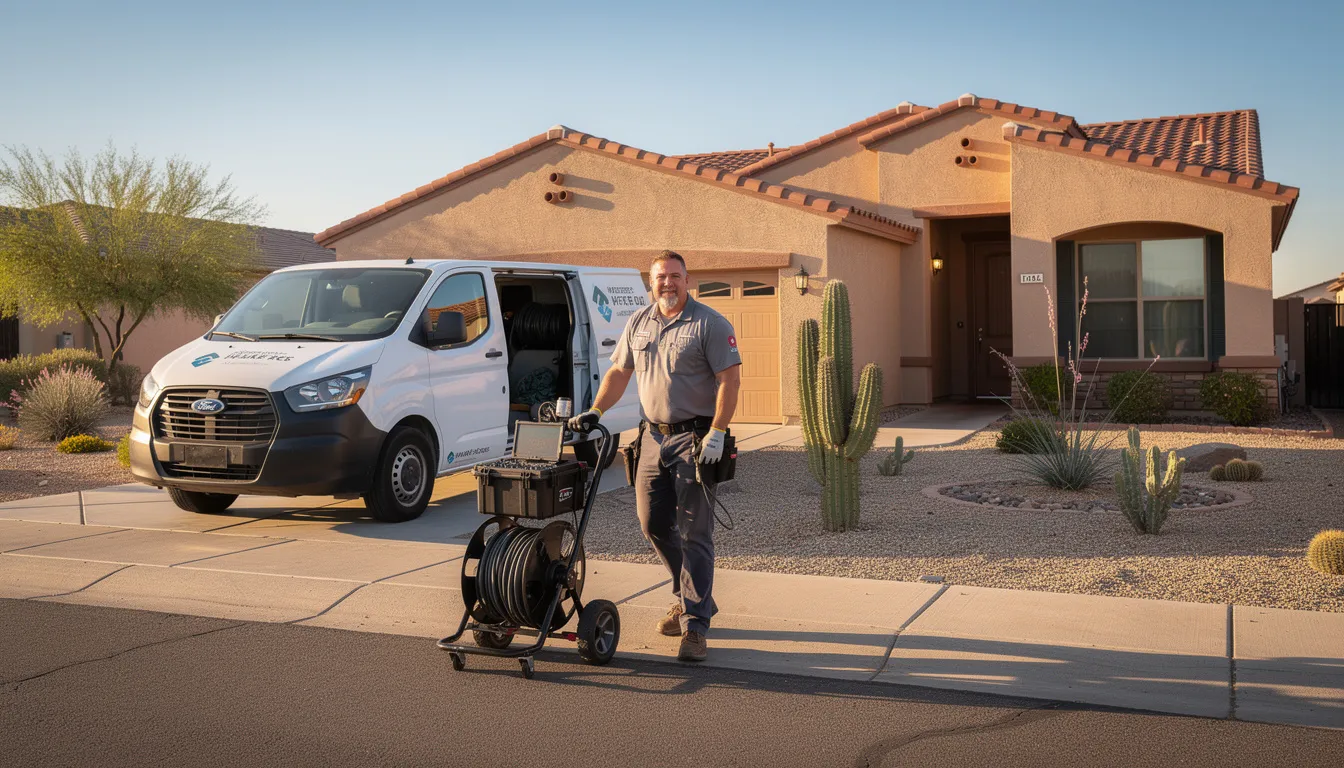A professional plumber arrives at a residential home in Arizona, equipped with camera inspection tools to assess the plumbing system and identify potential sewer line issues. This licensed expert is prepared to deliver exceptional service for any drain problems or sewer line repairs needed by homeowners.