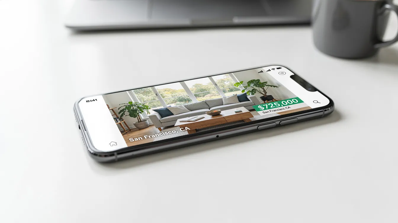 A smartphone displaying a property listing photo, highlighting a potential real estate investment opportunity.