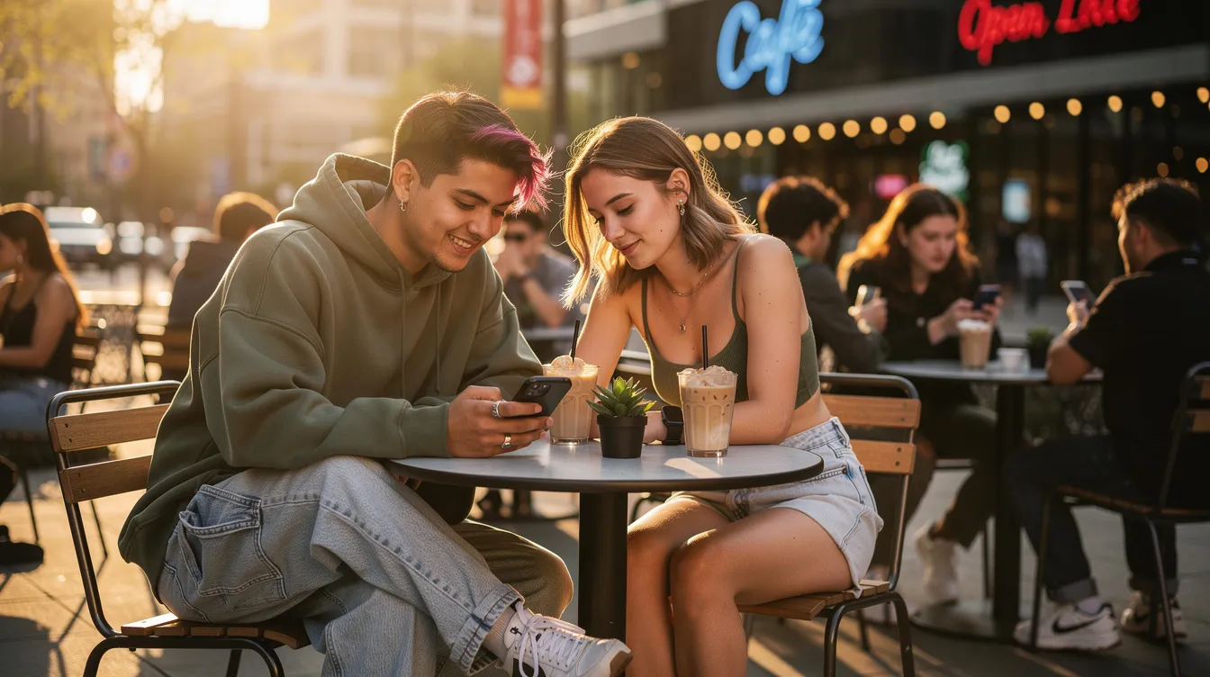 The image depicts a group of diverse Gen Z individuals engaging in a lively discussion about modern dating, highlighting the importance of mental health, personality differences, and relationship compatibility in forming meaningful connections. Unlike previous generations, they emphasize the role of social media platforms and dating apps in exploring potential partners and fostering deeper connections.