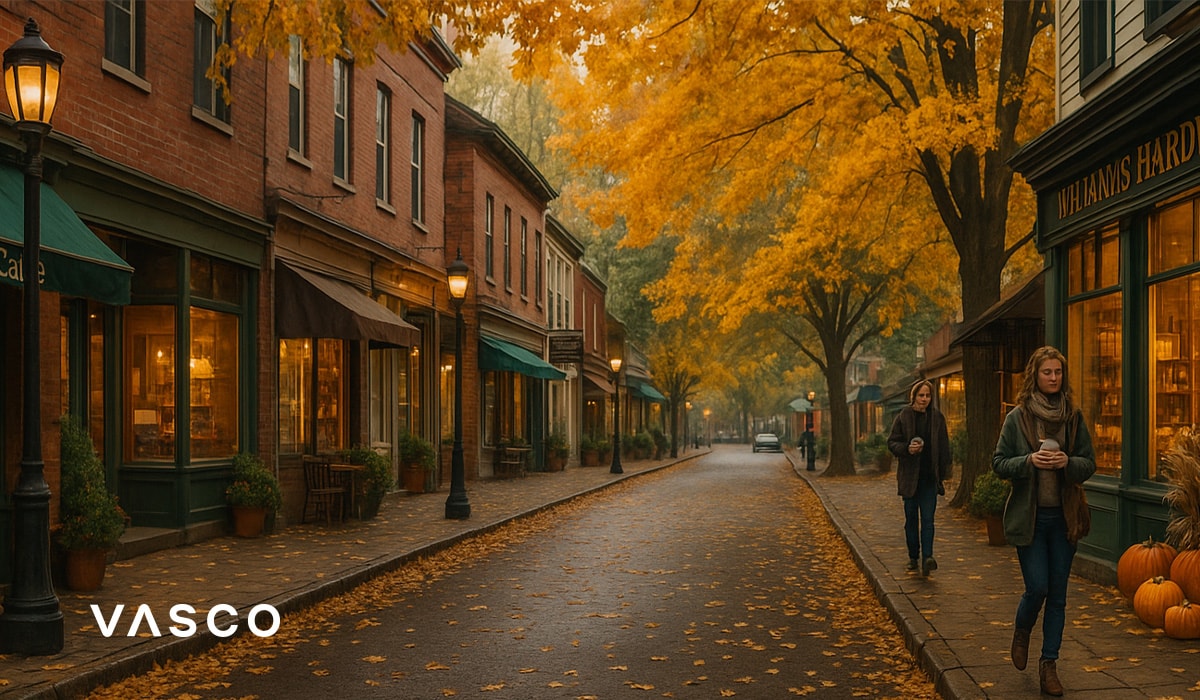 Una piccola e accogliente strada urbana fiancheggiata da negozi e alberi autunnali dorati.