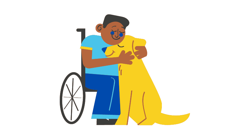 Graphical representation of a person hugging their dog, presumably an emotional support dog. 