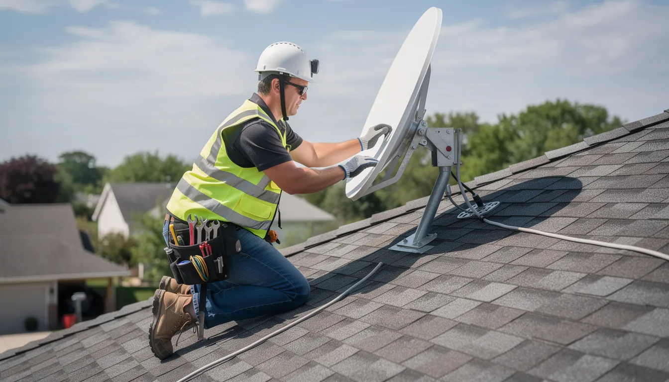A professional technician is seen carefully aligning a satellite dish on a residential rooftop, ensuring optimal reception for DSTV installation services. This expert installation aims to provide the best signal quality for customers in Melkbosstrand.