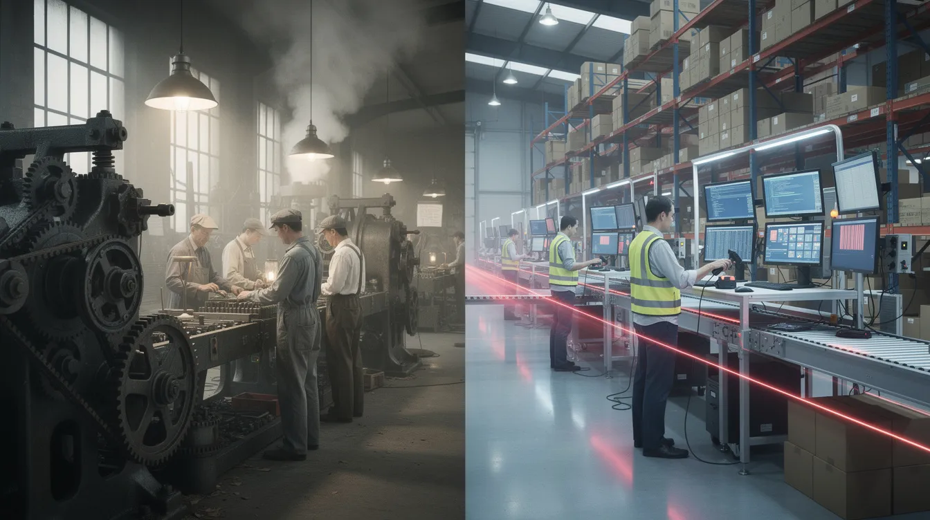 Das Bild zeigt auf der linken Seite eine stilisierte Fabrikszene aus den 1930er Jahren, in der Arbeiter am Fließband beschäftigt sind, während die rechte Seite ein modernes Warenlager mit Förderbändern, Scannern und blinkenden Bildschirmen zeigt. Diese Kontrastdarstellung erinnert an die Themen der Mechanisierung und Rationalisierung, die auch in Charlie Chaplins Klassiker "Moderne Zeiten" behandelt werden.