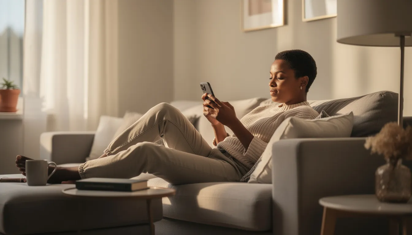 A person is sitting comfortably at home, relaxed while using a smartphone to check messages and emails. The cozy atmosphere suggests a peaceful moment of leisure.