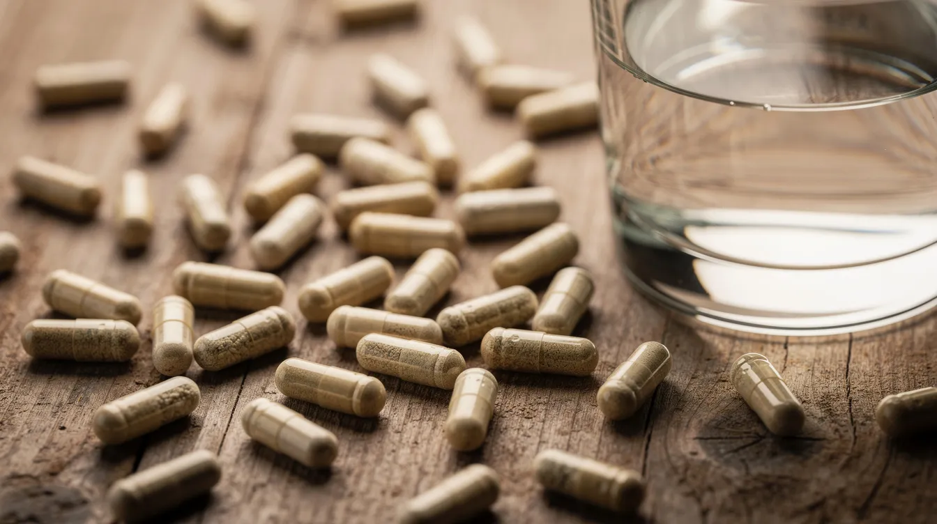 A close-up view of various natural supplement capsules, including green coffee bean extract and acai berry, scattered on a wooden surface beside a glass of water, highlighting their role in weight loss and appetite control. These dietary supplements are designed to support fat metabolism and promote a healthy lifestyle.
