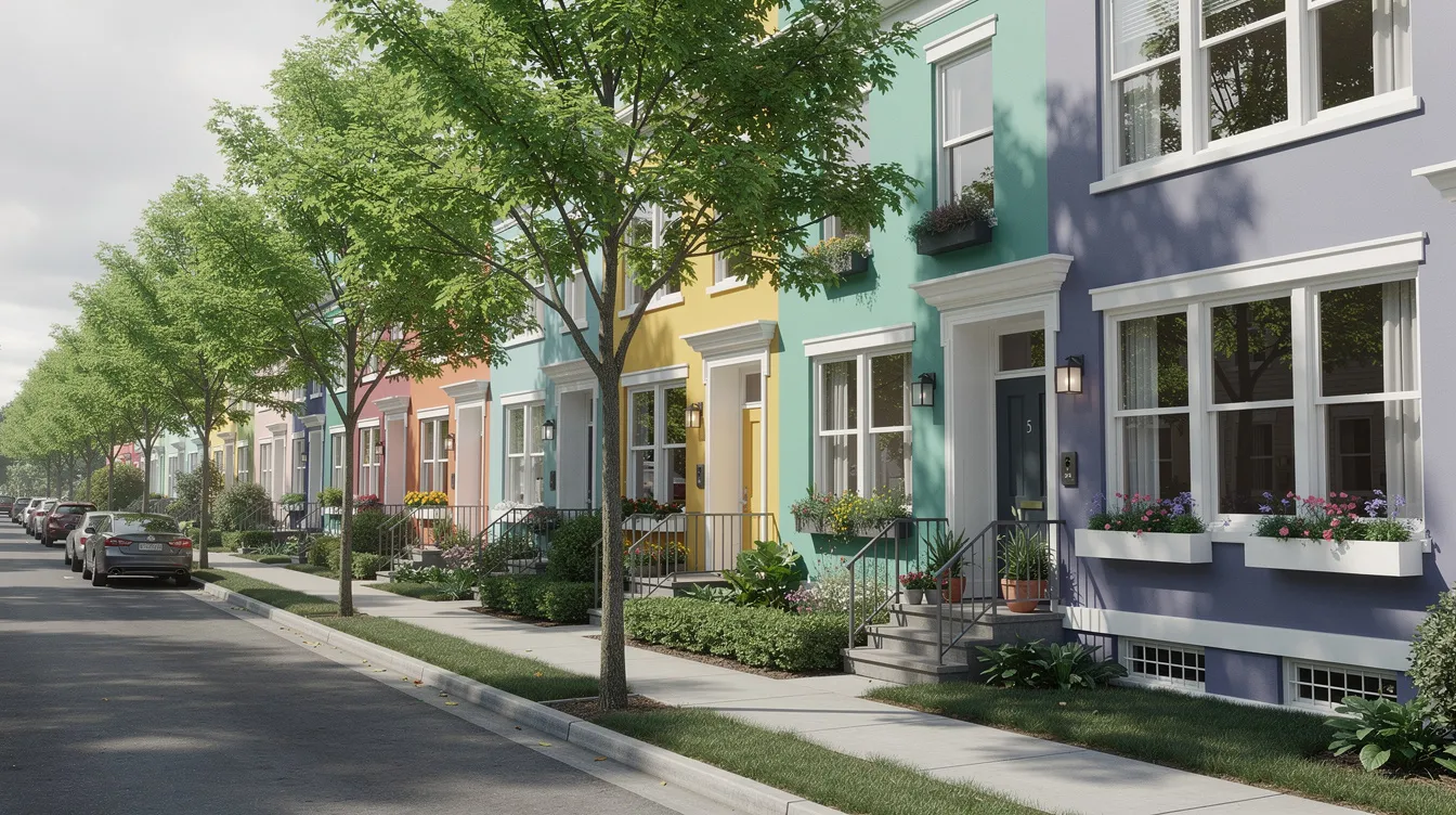 The image depicts a vibrant row of rental townhouses, each painted in different colors, set along a tree-lined street. This picturesque scene highlights the appeal of investment properties in residential neighborhoods, showcasing potential rental income opportunities for real estate investors.