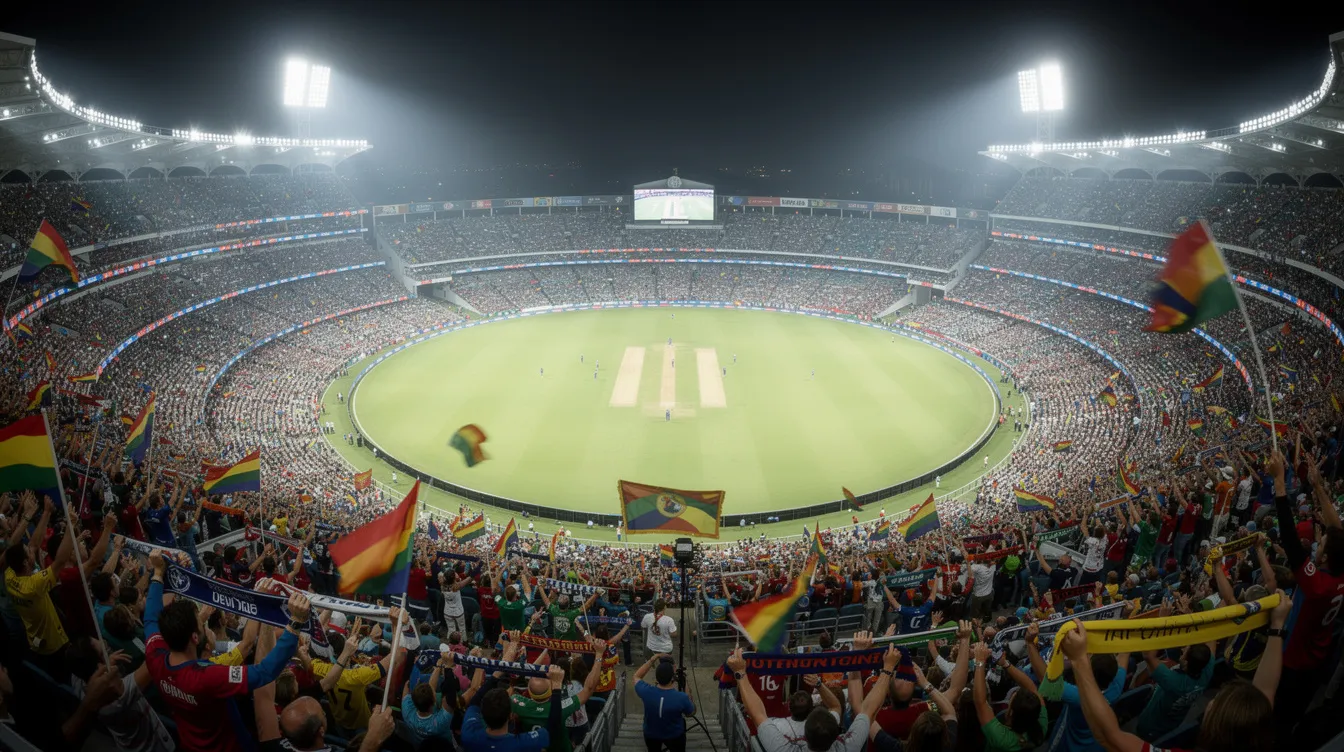A vibrant cricket stadium is filled with cheering fans, illuminated by bright floodlights, creating an electric atmosphere for the match. This scene captures the excitement of sports betting, where cricket enthusiasts can engage with various online betting sites offering competitive odds and instant withdrawal options.