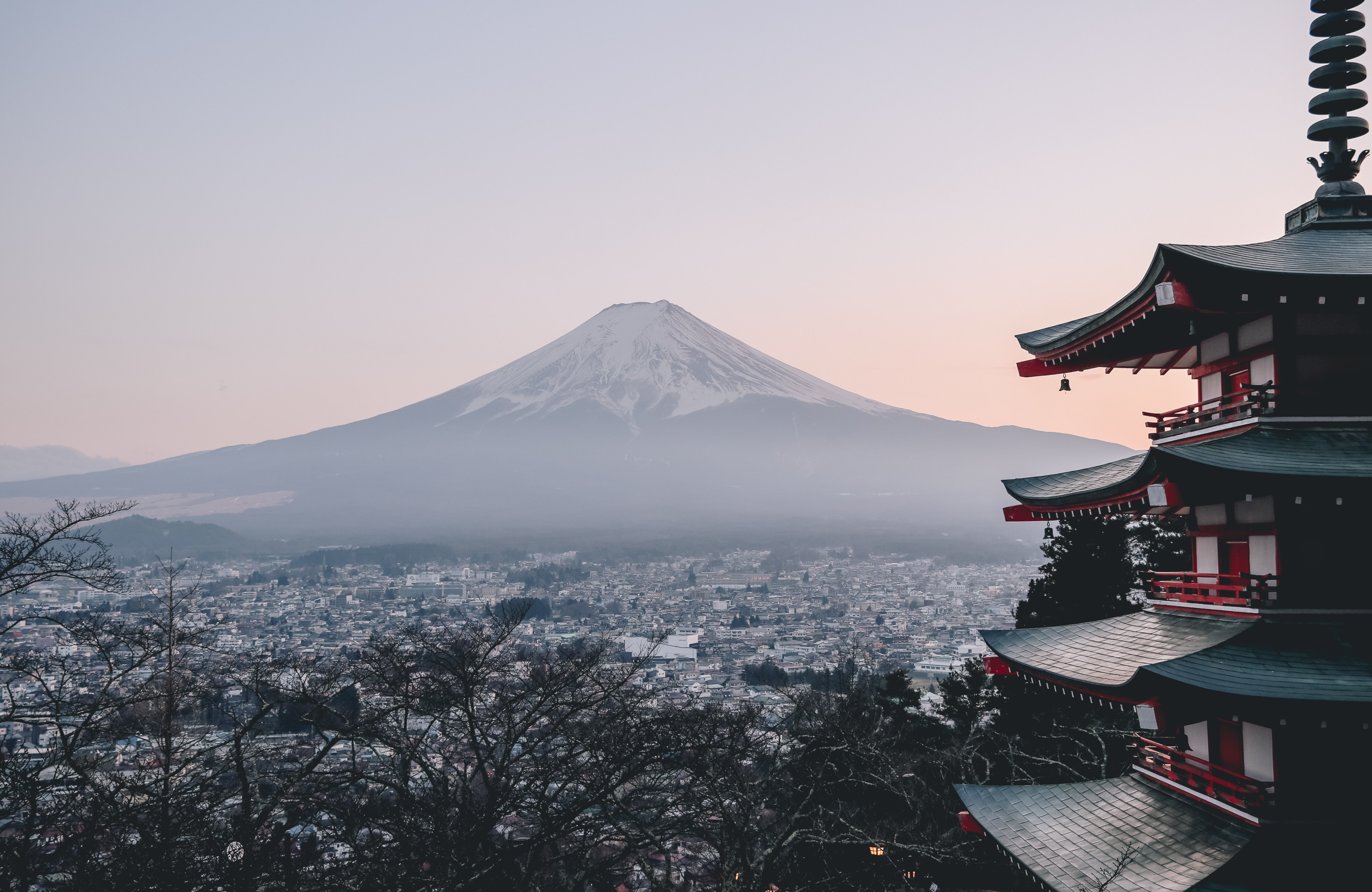 A Japanese landscape: Mount Fuji and a temple.