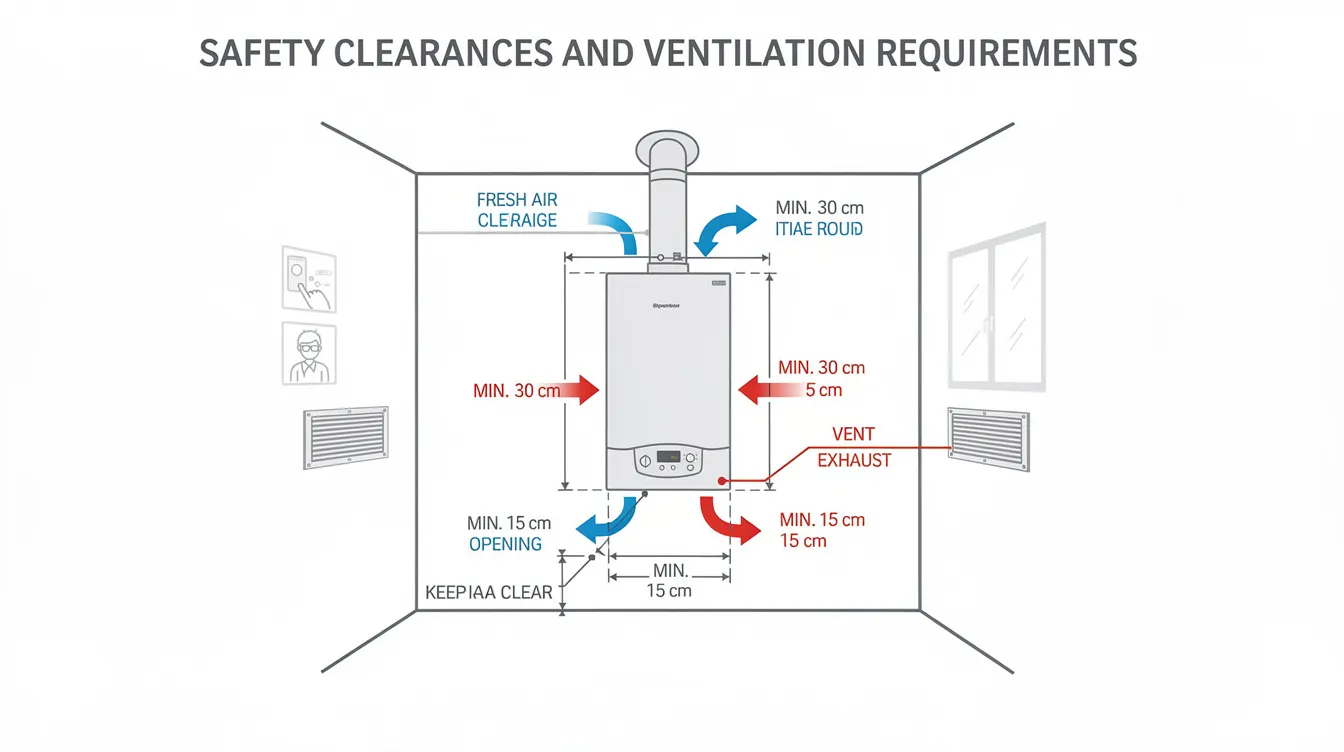 The image depicts a safety diagram illustrating the proper clearances and ventilation requirements for sauna installations, including both electric sauna heaters and wood burning sauna stoves. It emphasizes the importance of adequate ventilation and spacing to ensure a safe and efficient sauna experience.