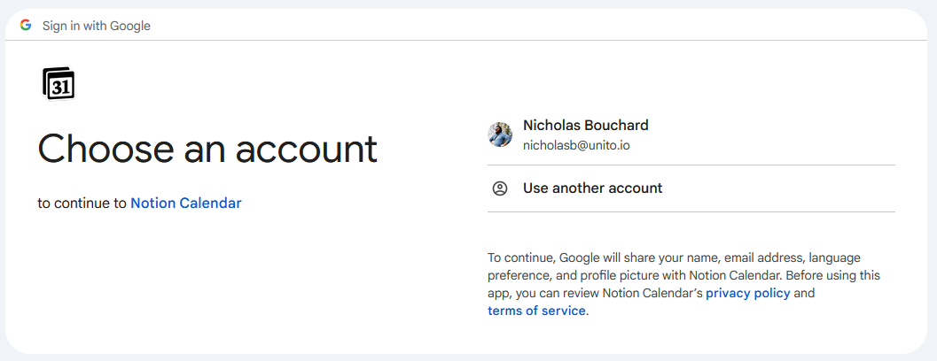 A screenshot of a prompt to choose a Google account.