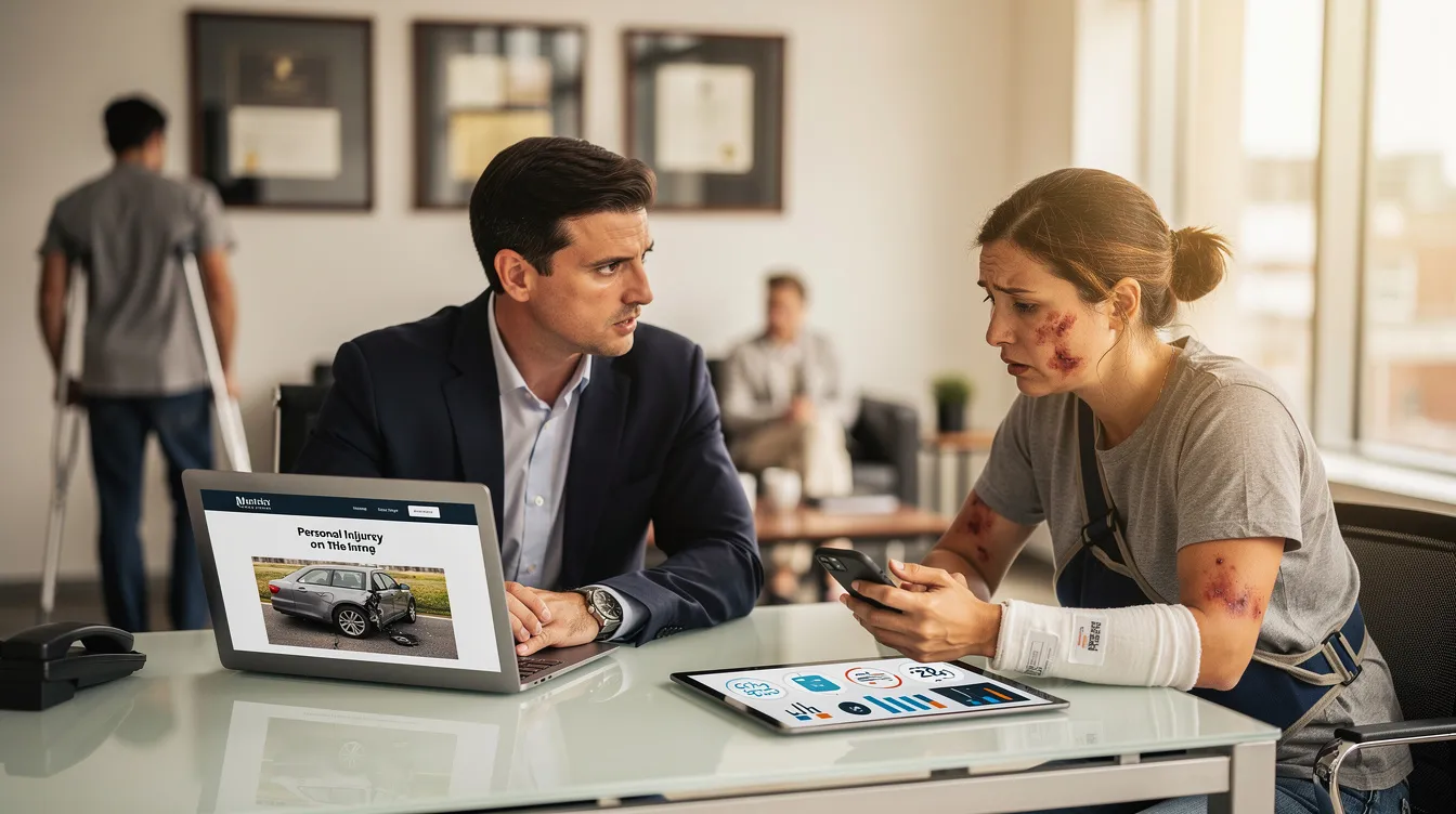 The image depicts a professional personal injury lawyer in a modern office, engaged in a discussion with a concerned client, emphasizing the importance of legal representation during stressful times. The setting conveys a sense of trust and expertise, highlighting the focus on personal injury law firms and the unique needs of individuals seeking legal services.