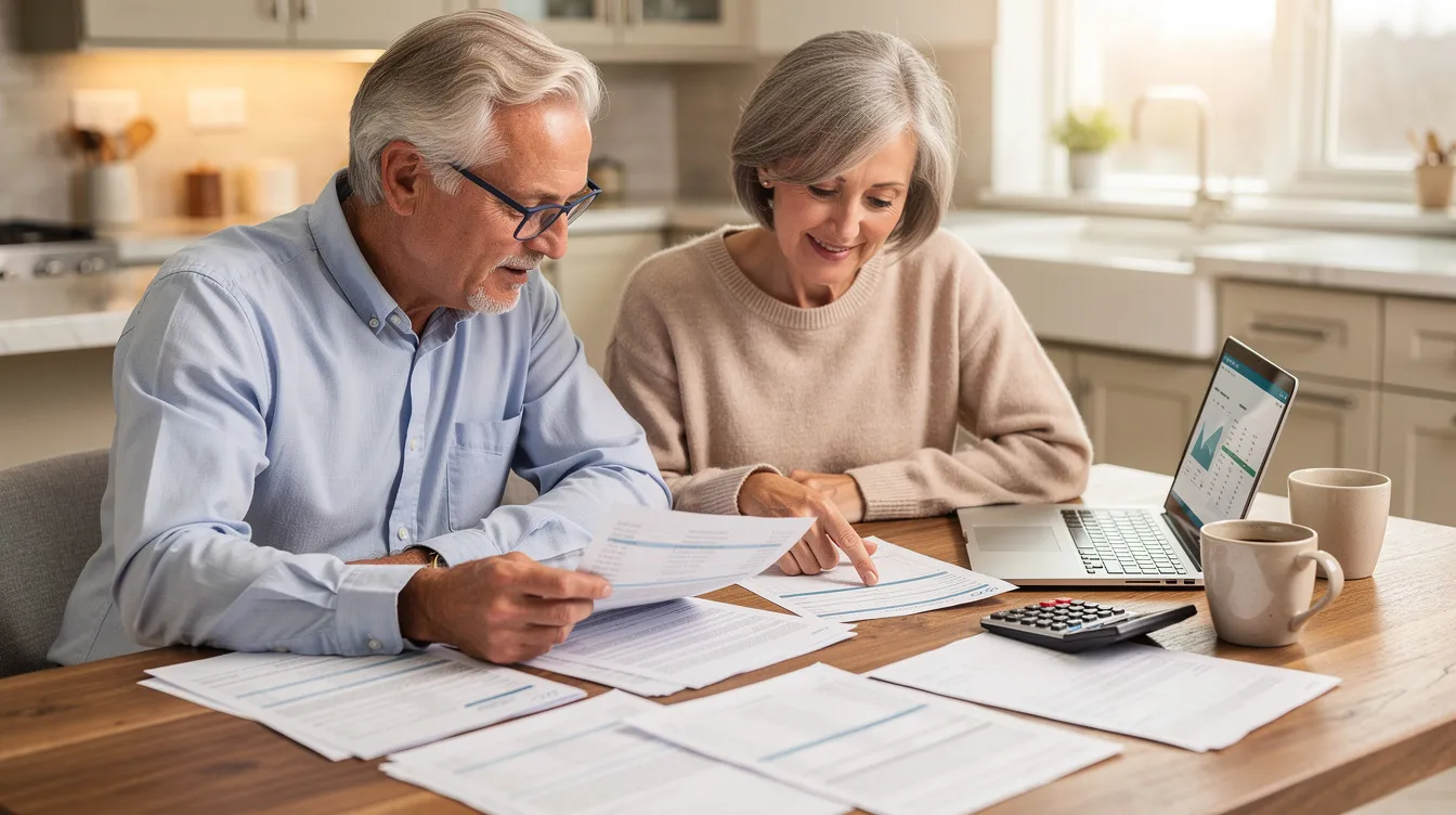 A retired couple is sitting at a kitchen table, carefully reviewing financial documents together, symbolizing their journey in wealth management and financial planning. They appear engaged in discussions about their investment strategy and future financial decisions, highlighting the importance of guidance tailored to their needs.