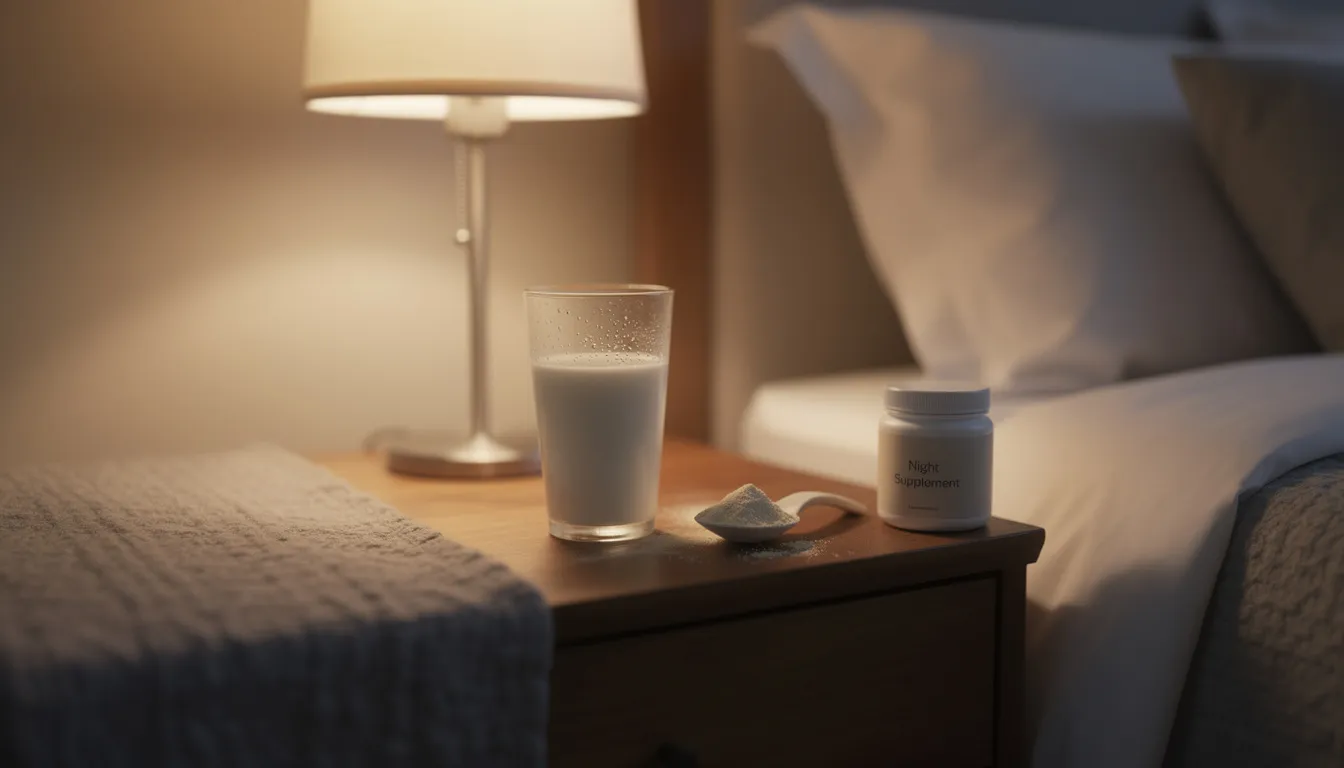 A glass of milk sits on a nightstand next to a bed, accompanied by a container of creatine monohydrate supplement powder, suggesting a routine for muscle recovery and growth. This setup indicates the potential benefits of taking creatine before bed to support muscle tissue and enhance energy production during high-intensity workouts.