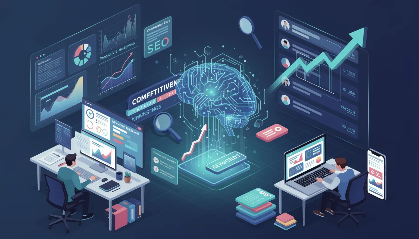 The image depicts a digital marketing landscape transformed by AI-powered SEO tools, showcasing various elements like keyword research, content creation, and search engine optimization strategies. This visual illustrates how businesses leverage AI to enhance search engine rankings, improve user experiences, and adapt to evolving search trends.