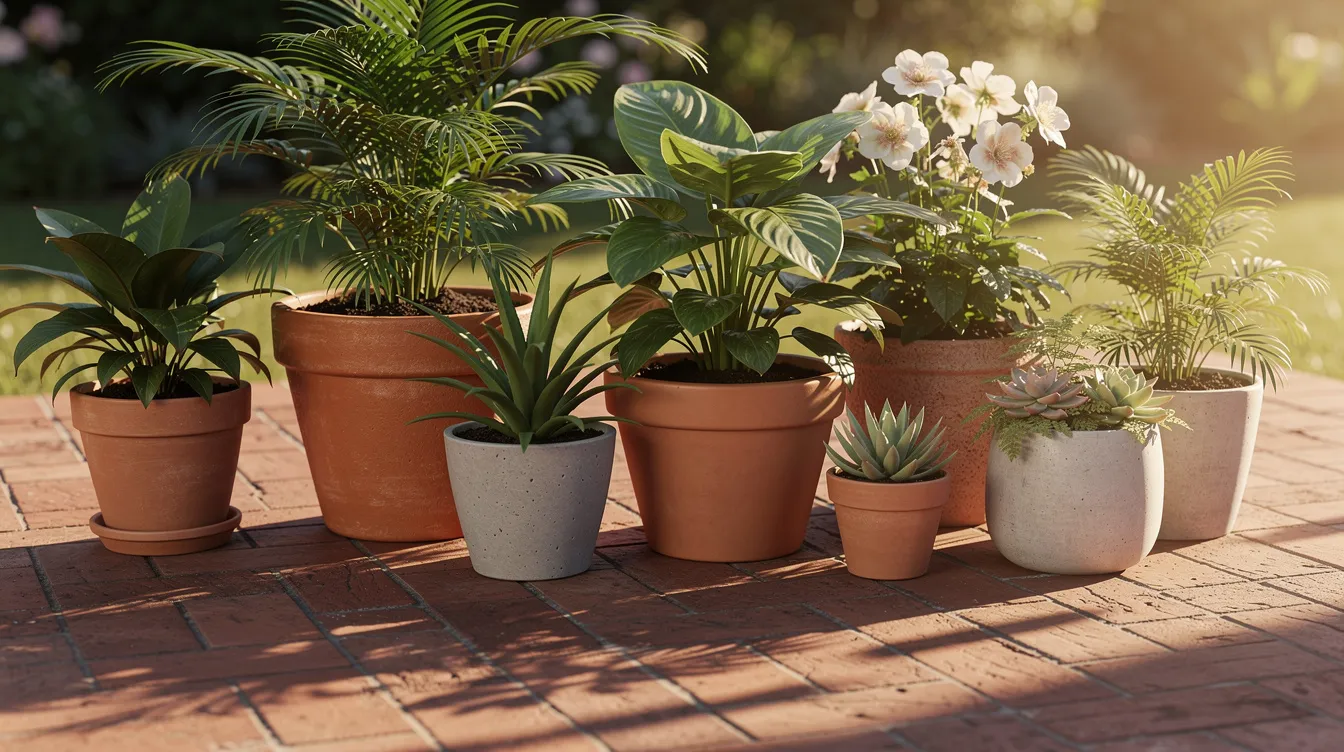 A variety of potted plants, including tropical and flowering species, are arranged on a sunny brick patio, casting dappled shadows as they bask in the direct sunlight. This outdoor space is perfect for moving indoor plants outside for the summer, allowing them to thrive with the fresh air and light intensity.