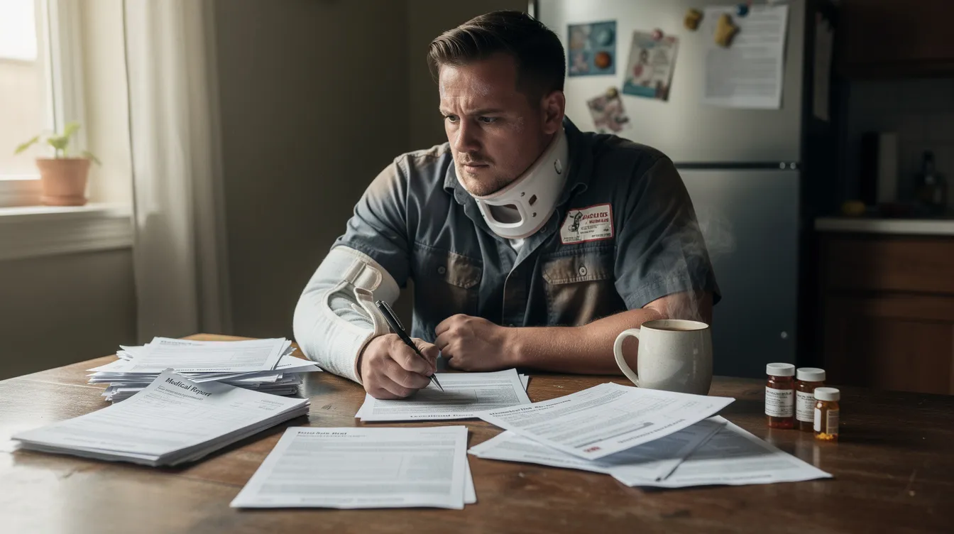 An injured worker sits at a kitchen table, reviewing documents related to their workers compensation claim. The scene highlights the challenges faced by many injured workers in navigating medical treatment and lost wages while seeking the benefits they deserve.