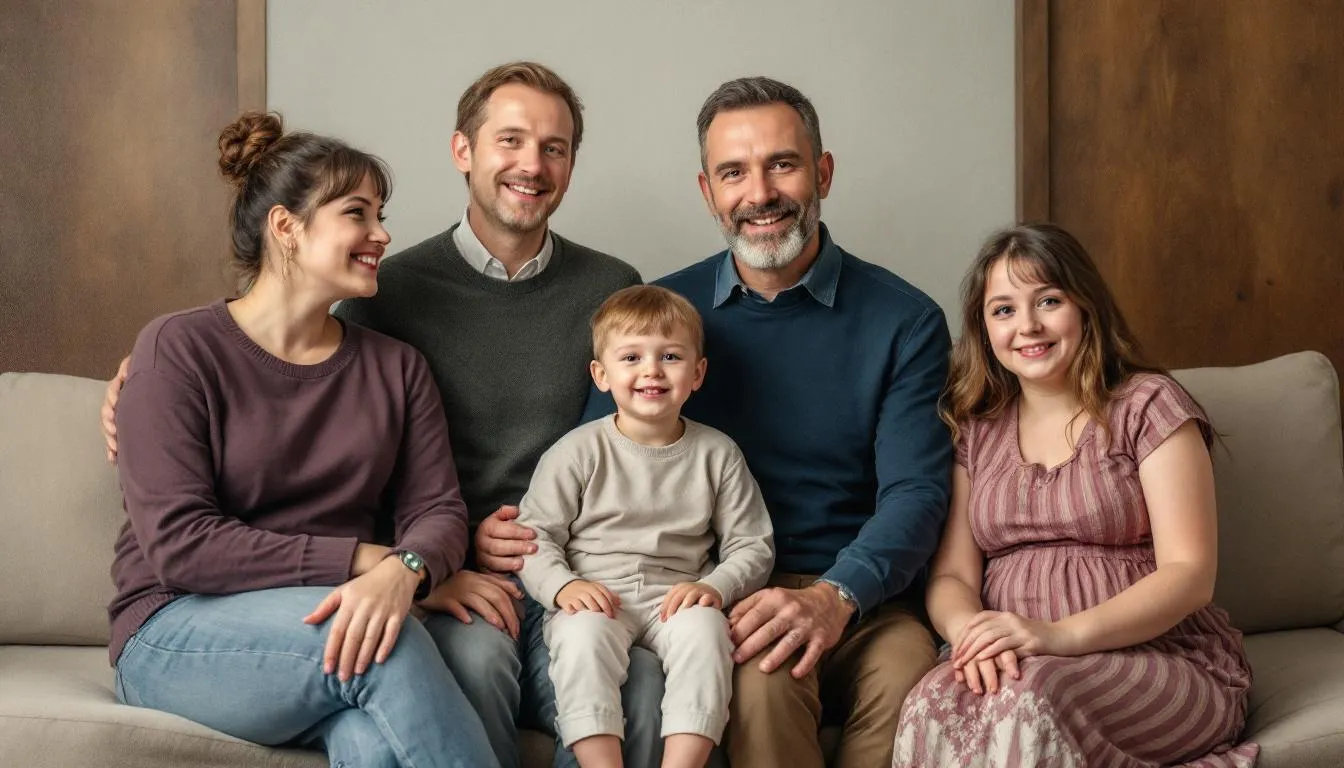 Na zdjęciu widoczna jest rodzinna fotografia, która została przekształcona w malarski portret, ukazujący ciepłe uczucia i radość wspólnego spędzania czasu. Taki obraz może być idealnym prezentem świątecznym dla rodziców, który z pewnością ucieszy ich serca.